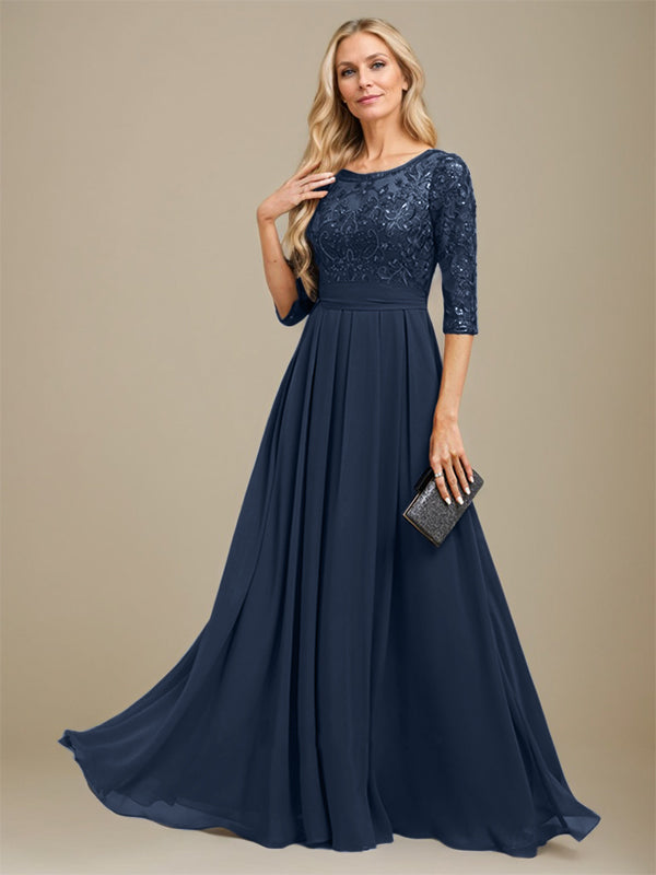A-Linie U-Ausschnitt Bodenlang Spitzen-Chiffon-Kleid für die Brautmutter mit Paillettenapplikation 