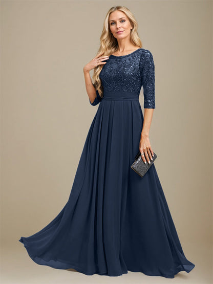 A-Linie U-Ausschnitt Bodenlang Spitzen-Chiffon-Kleid für die Brautmutter mit Paillettenapplikation 
