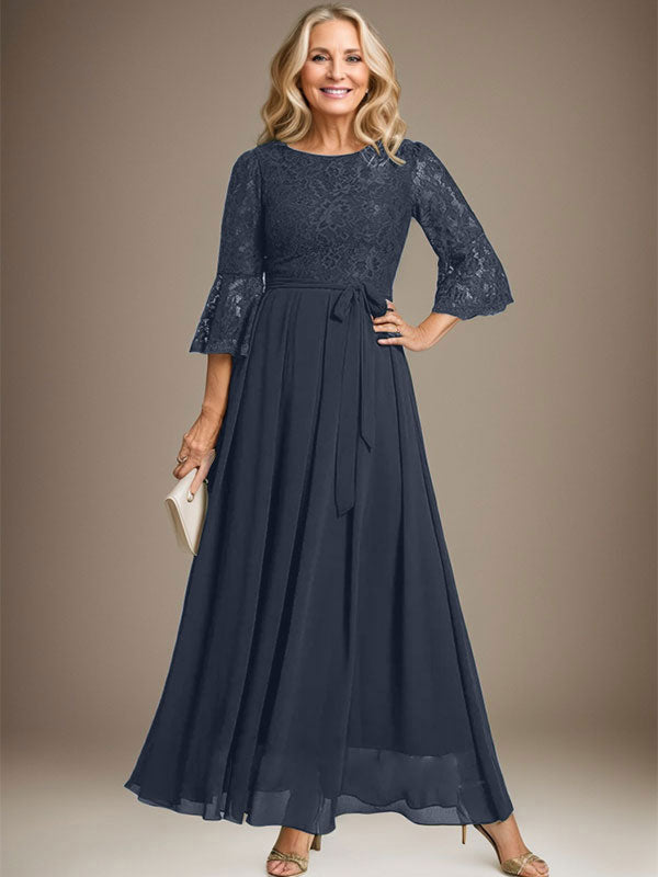 Robe de mère de la mariée en mousseline de soie à dentelle, longueur cheville, en forme trapèze avec encolure dégagée et nœud