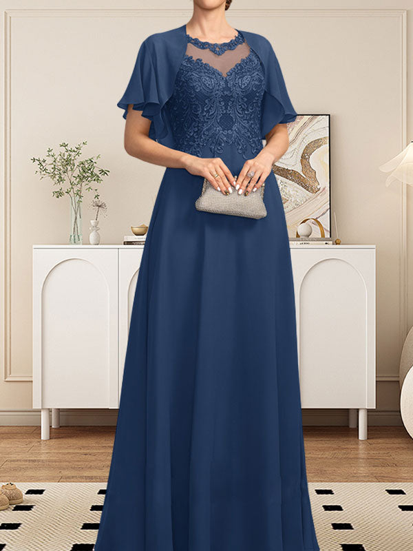 A-Linie, U-Ausschnitt, Illusion, bodenlanges Spitzen-Chiffon-Kleid für die Brautmutter mit Pailletten