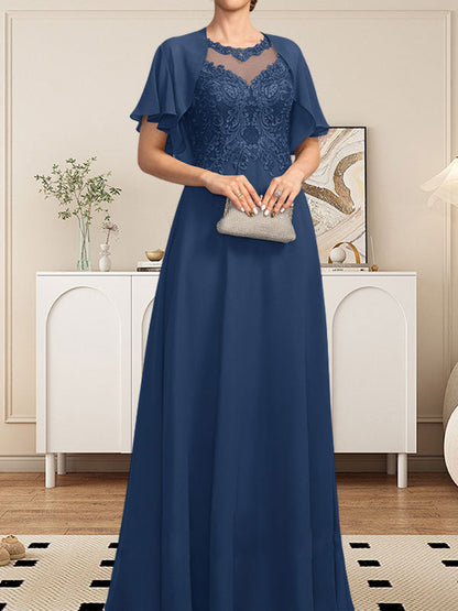 A-Linie, U-Ausschnitt, Illusion, bodenlanges Spitzen-Chiffon-Kleid für die Brautmutter mit Pailletten