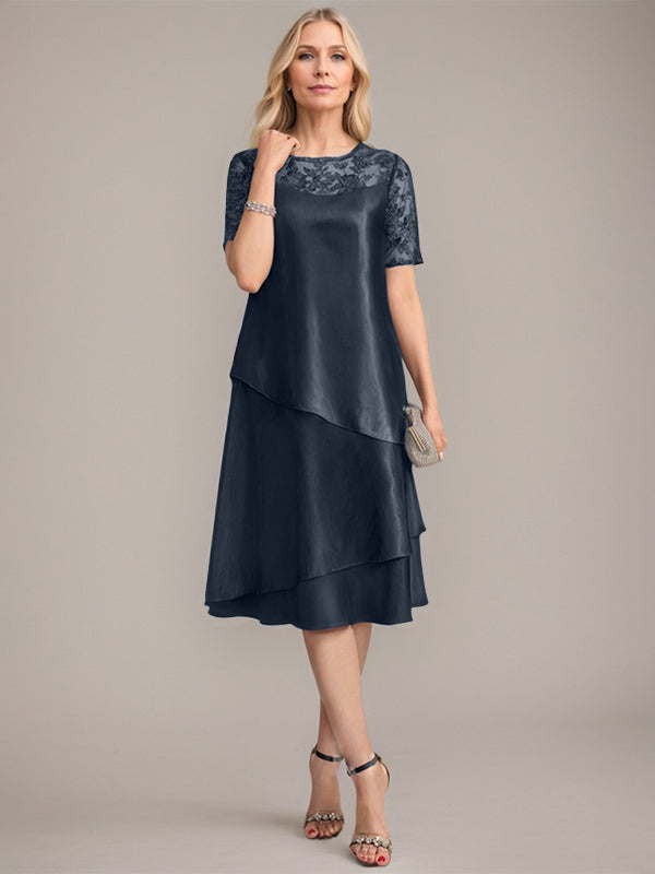 A-Linie, U-Ausschnitt, knielanges Kleid für die Brautmutter mit Applikationen und Pailletten 