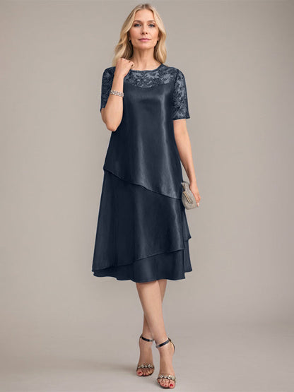 A-Linie, U-Ausschnitt, knielanges Kleid für die Brautmutter mit Applikationen und Pailletten 