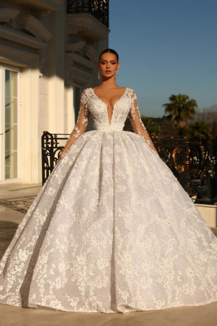 Edles Herzausschnitt 3/4 Ärmel Ballkleid Spitze Brautkleid Strass