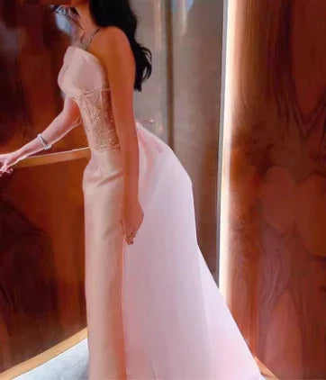 Robe de soirée formelle rose bébé en satin, bustier sans bretelles, corset d'Arabie Saoudite, paillettes scintillantes de Dubaï, robe de fête Y4887