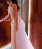 Robe de soirée formelle rose bébé en satin, bustier sans bretelles, corset d'Arabie Saoudite, paillettes scintillantes de Dubaï, robe de fête Y4887