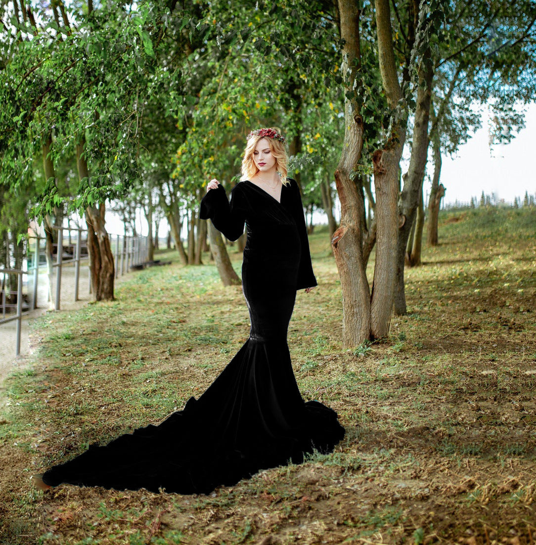 6127#Robe longue en velours doré pour femme enceinte, col en V, queue de poisson, robe de photographie 
