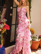 Bellissimo Abito da Sera Senza Spalline in Chiffon Stampato a Fiori a Strati con Spacco Abito da Ballo Y7881
