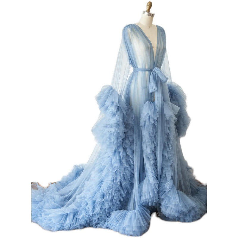 6120#Thin mesh maternity wear long skirt photo studio clothing, sexy morning robe