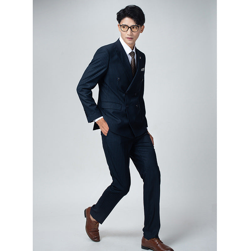 Costume homme double boutonnage costume britannique rayé gris costume décontracté professionnel costume formel homme coupe slim costume de mariage pour le marié