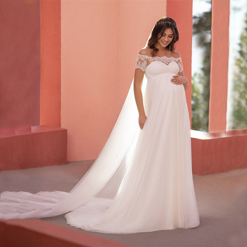 6129#Maternity wedding dress short-sleeved lace one-line collar mop tail bridal dress