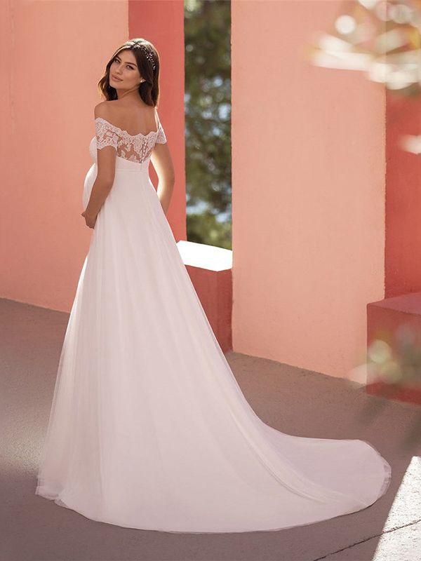 6129#Maternity wedding dress short-sleeved lace one-line collar mop tail bridal dress