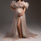 Pregnant women's portrait tulle dress one-shoulder off-the-shoulder split big belly evening dress