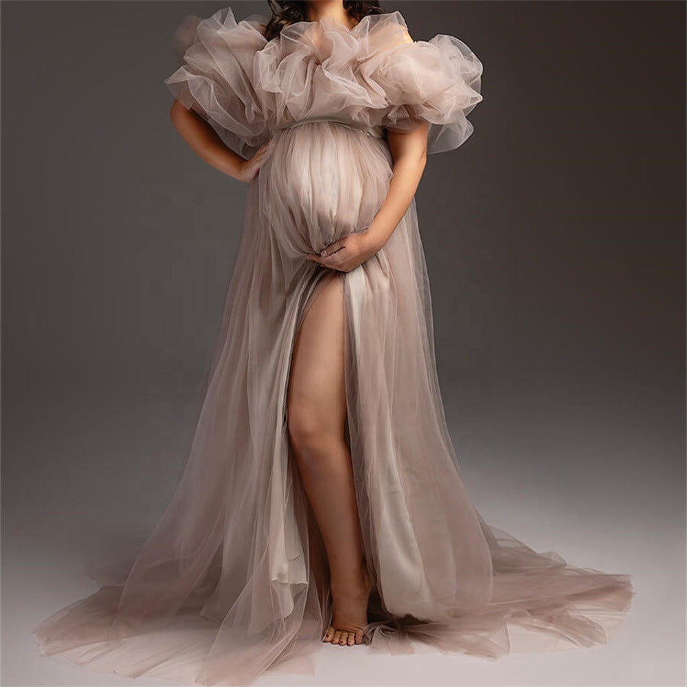 Pregnant women's portrait tulle dress one-shoulder off-the-shoulder split big belly evening dress