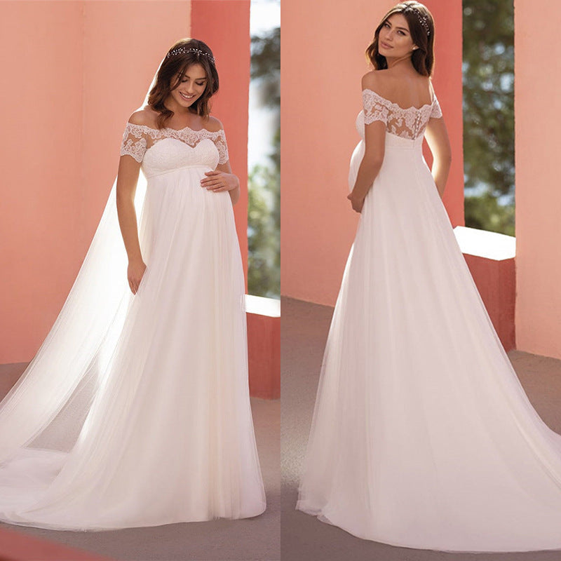 6129#Maternity wedding dress short-sleeved lace one-line collar mop tail bridal dress
