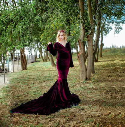 6127#Robe longue en velours doré pour femme enceinte, col en V, queue de poisson, robe de photographie 