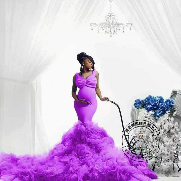 6128#New soft net waist fishtail elastic swing pregnant women's big belly photo dress
