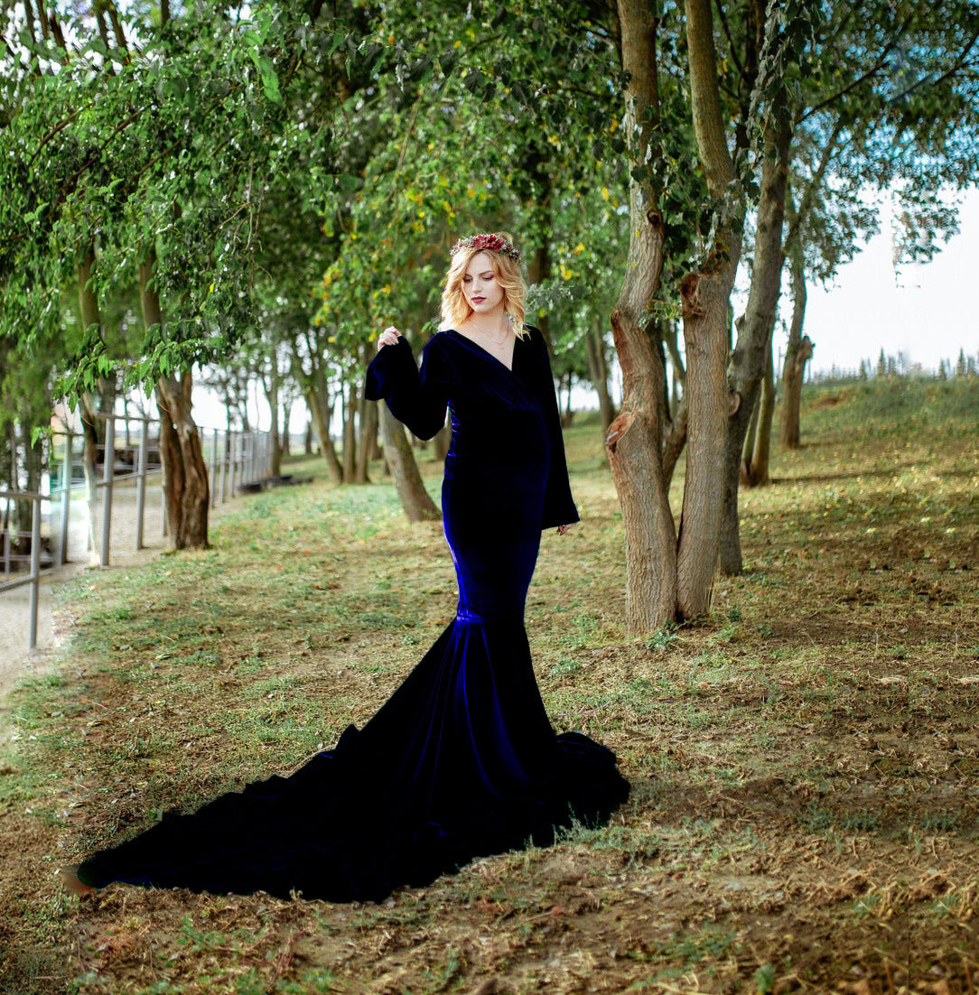 6127#Robe longue en velours doré pour femme enceinte, col en V, queue de poisson, robe de photographie 