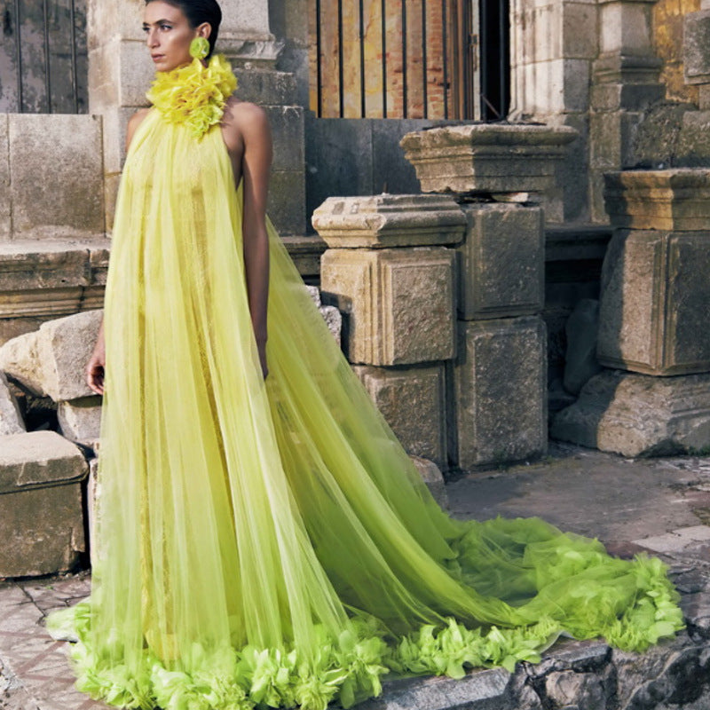 Hanging neck large open-back dress tulle robe maternity dress prom dress bride morning robe private dress