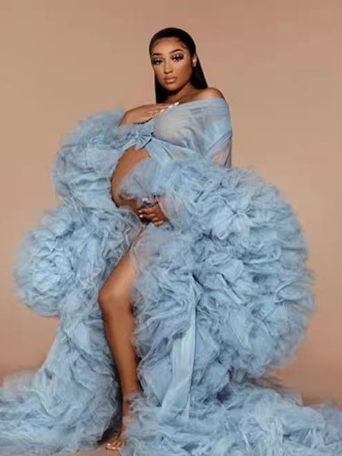 6123 # Nouvelle robe photo en maille pour femmes enceintes décolleté en V transparent multicolore peut être faite pour la fête 