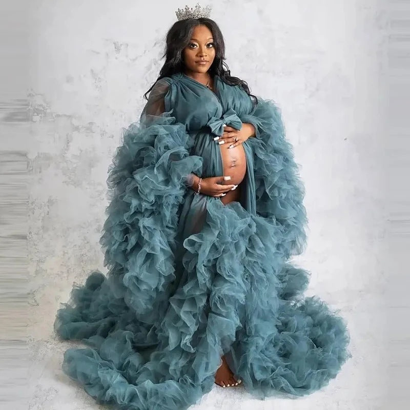 6123 # Nouvelle robe photo en maille pour femmes enceintes décolleté en V transparent multicolore peut être faite pour la fête 