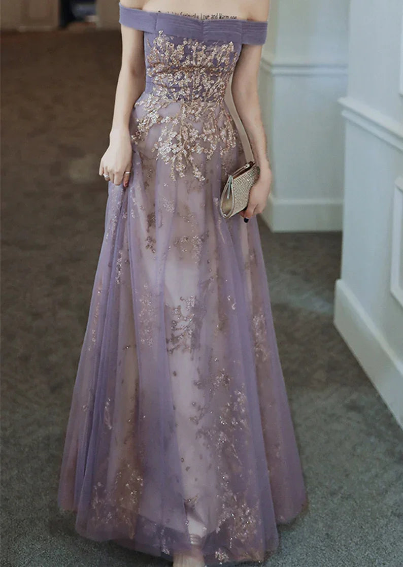 Abito da sera lungo viola sognante con spalle scoperte Abito elegante da banchetto senza maniche Abito da festa Abito da cerimonia per ragazza Y4286