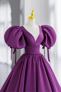 Langes Ballkleid aus Satin mit violetten Puffärmeln und V-Ausschnitt Abendkleid Y856
