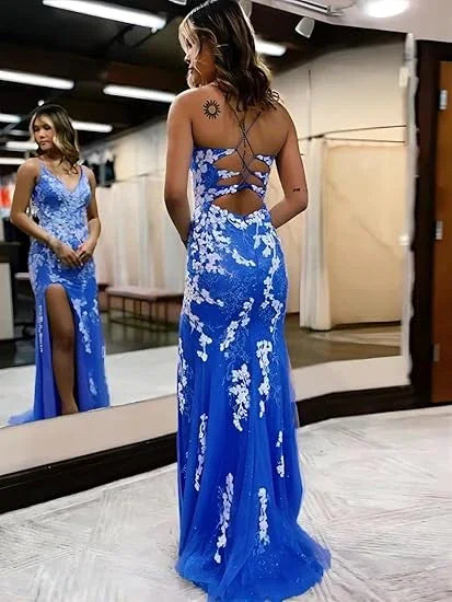 Vestidos longos de baile de finalistas roxos com decote em V, costas abertas, renda roxa, corte sereia e fenda alta, vestidos formais de cerimónia roxos corte sereia Y344
