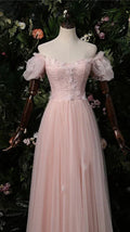 Elegante abito da sera rosa con spalle scoperte, abito da sera rosa Y1898