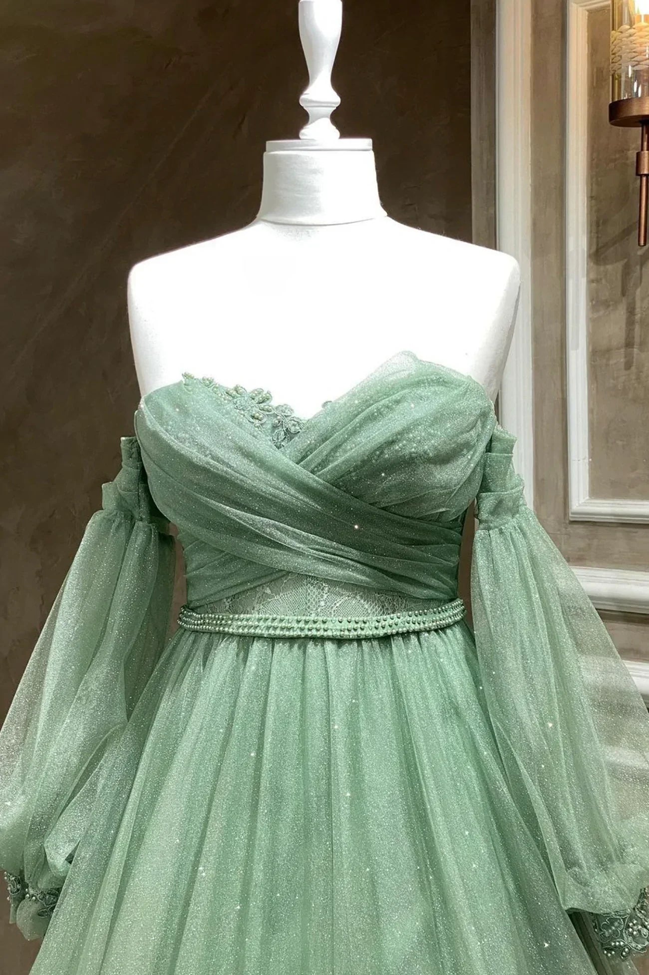 Vestidos Formais com Mangas Bufantes de Tule Verde Brilhante Vestido de Noite Longo Verde Corte em A Y7981