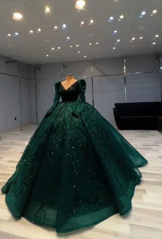 Robe de bal luxueuse verte à manches longues, robe verte pour seizième anniversaire Y6558