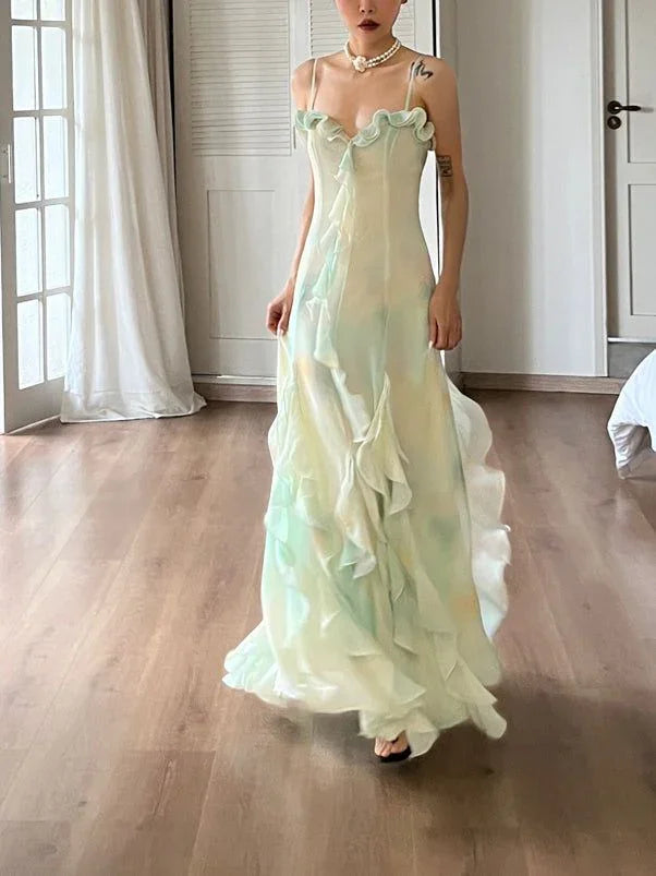 Hermoso vestido de fiesta verde de gasa con volantes en capas y tirantes, vestido de noche Y7897