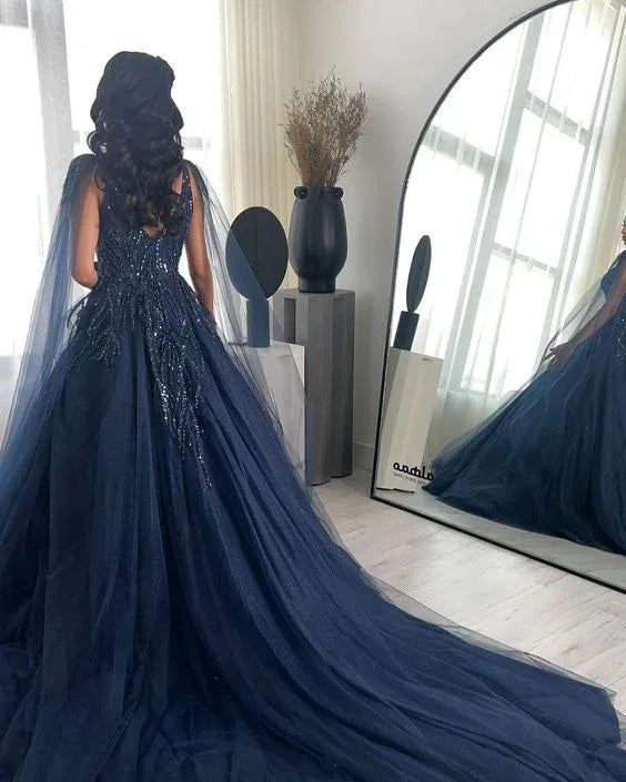 Abito da ballo di lusso blu marina con scollo quadrato, tulle e maniche lunghe glitterate Y4883