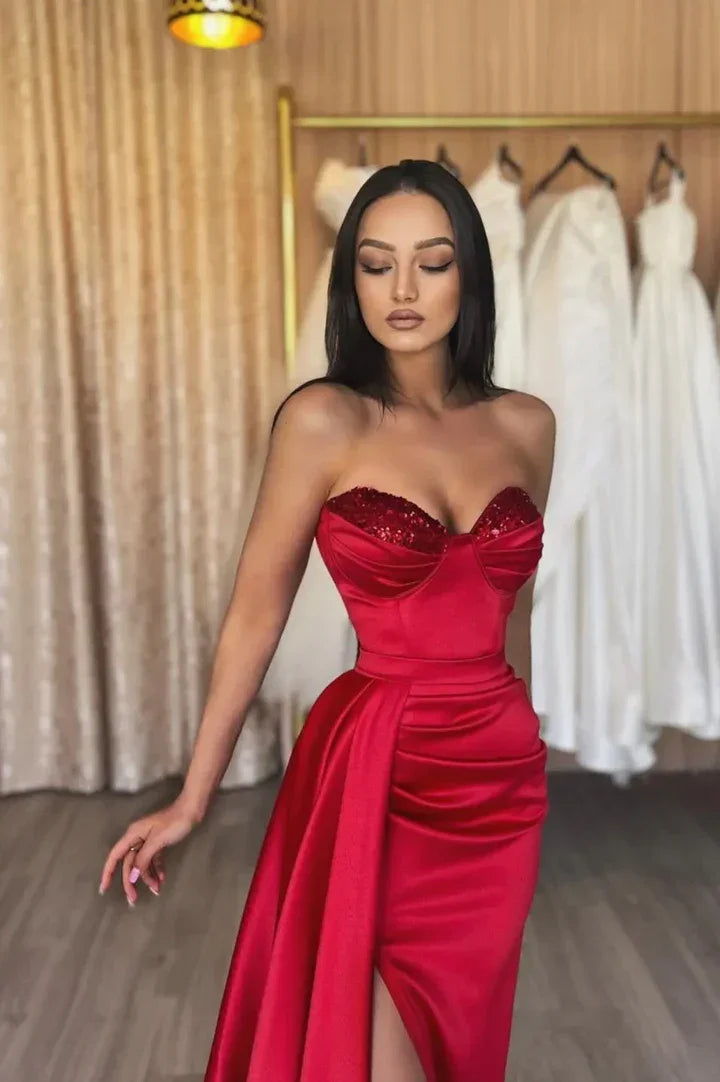 Vestido longo de baile de cetim vermelho com lantejoulas vestido de noite vermelho Y82