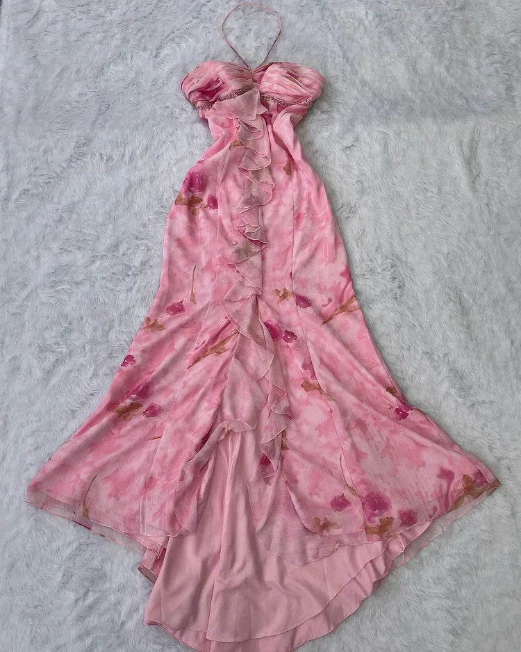 Abito da sera rosa chiffon con stampa floreale, volant, scollo all'americana, modello sirena, abito da ballo Y8306