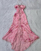 Abito da sera rosa chiffon con stampa floreale, volant, scollo all'americana, modello sirena, abito da ballo Y8306