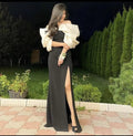 Abito da sera elegante bianco con cuciture nere e spacco Y5550