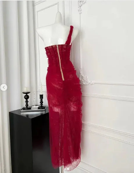 Abito da sera elegante in pizzo e tulle bordeaux Y8506