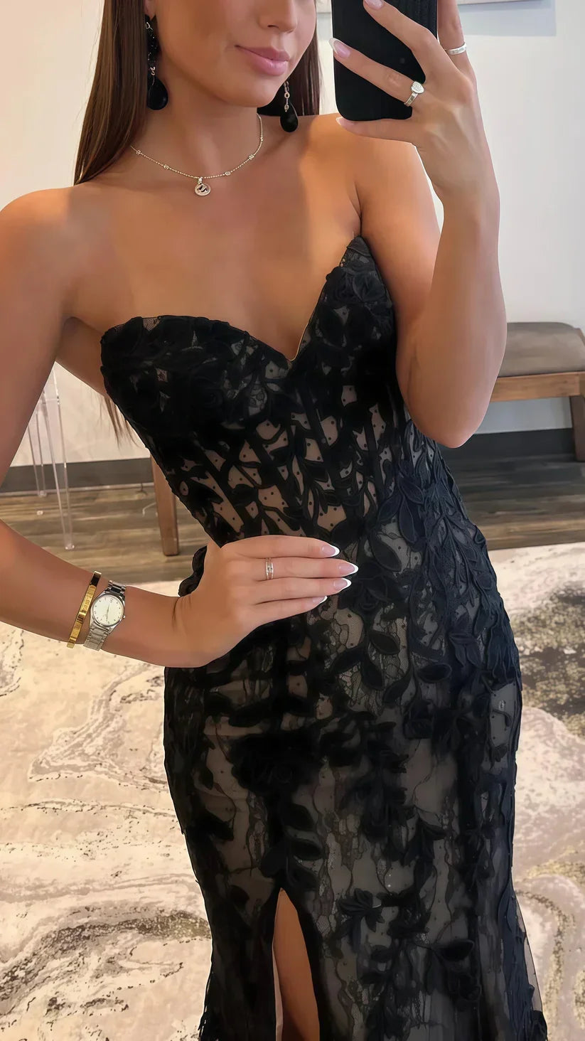 Vestido de noche negro sexy sin tirantes con escote corazón, encaje, abertura, corte sirena para fiesta Y8017