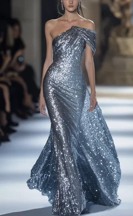 Abito da sera lungo con paillettes a una spalla, sirena, modello Y8349