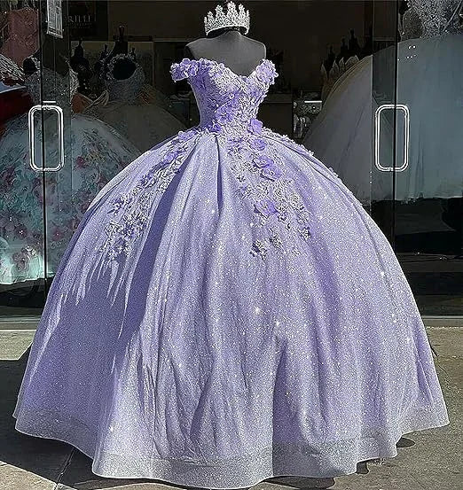 Abito da ballo blu con spalle scoperte, vestito da festa scintillante con fiori S26908