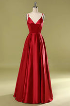 Vestidos de Cetim para Baile de Finalistas com Decote em V em Linha A Vestidos Formais para Noite Y806