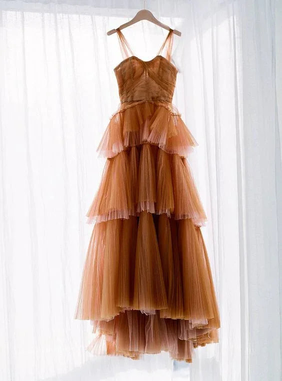 Abito lungo da sera in tulle marrone, vestito da ballo Y1257