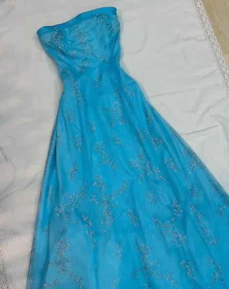 Vestido de Festa Azul com Lantejoulas Brilhantes, Sem Alças, Corte em A Y8140