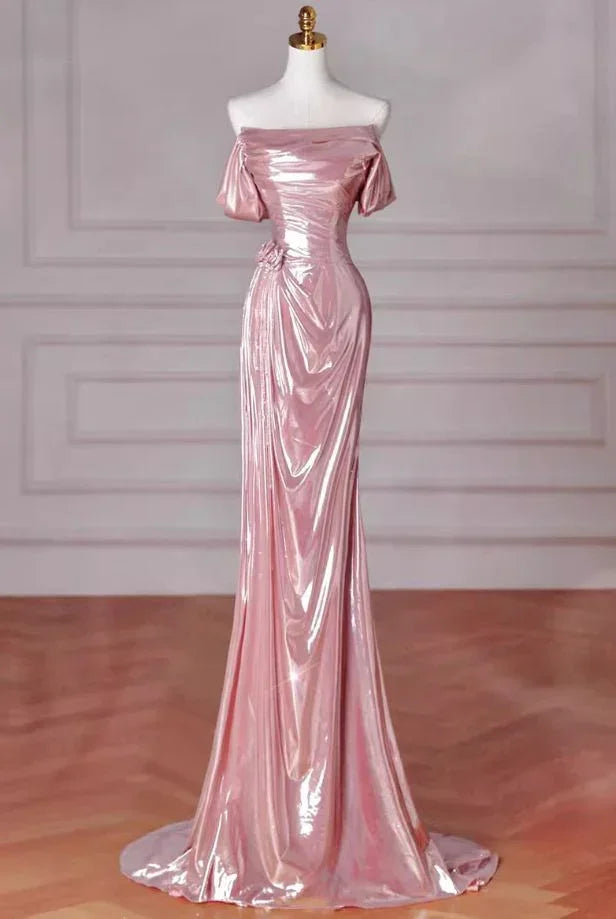 Elegante abito lungo da sera con spalle scoperte stile sirena rosa per compleanno Y8068