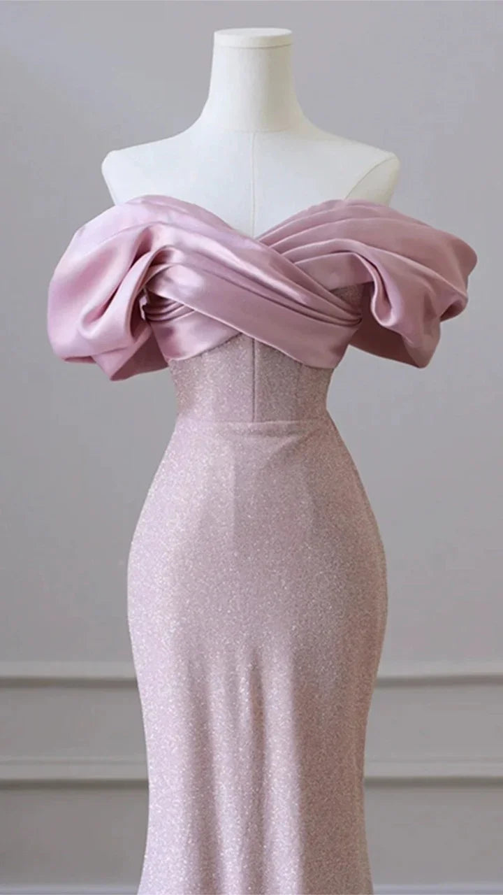 Vestido de Noite Elegante com Lantejoulas Cor de Carne para Senhora, Decote Ombro a Ombro, Vestido de Festa e Baile Y6963