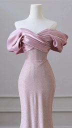 Vestido de Noite Elegante com Lantejoulas Cor de Carne para Senhora, Decote Ombro a Ombro, Vestido de Festa e Baile Y6963