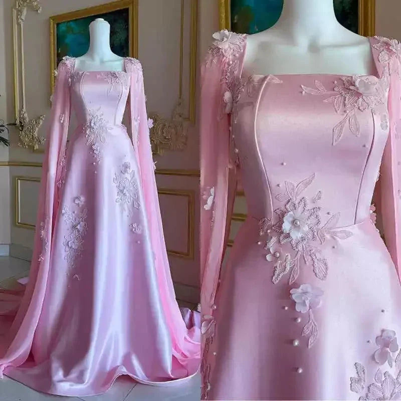 Robe de soirée longue en satin rose luxueux coupe évasée avec jolies appliques robe de bal Y7591
