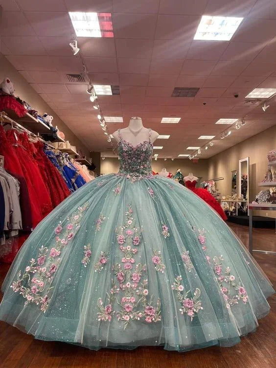 Glitter Sweetheart Spaghetti Strap Quinceanera Dresses Gorgeous 3D Flower Applique Beading Ball Gown  Y4711