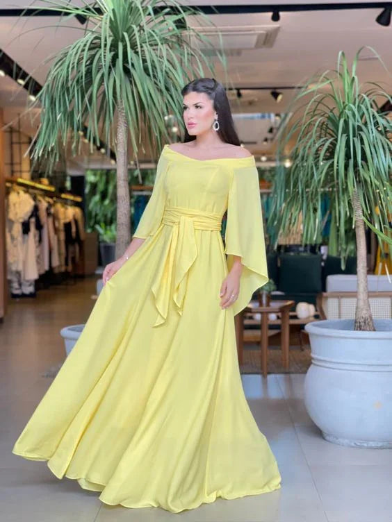 Vestido de fiesta amarillo de gasa en línea A Vestido de noche amarillo Y5815